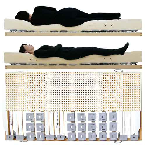 横になると気持ちよくすぐ眠れると評価されるウッドスプリングベッド
とラテックスマットレスの女性寝姿勢図
